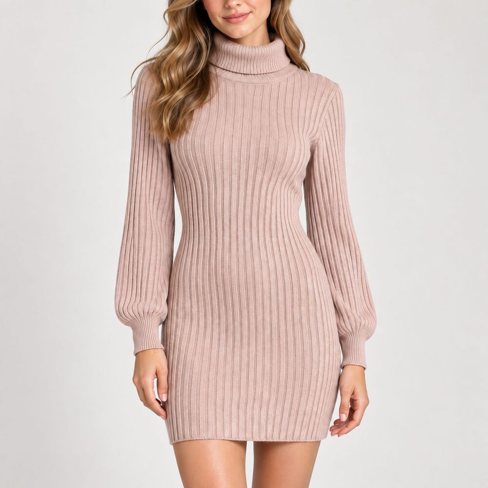 SHEIN Sweater Dress Women Small Beige Ribbed Knit Turtleneck Balloon Sleeve Mini
